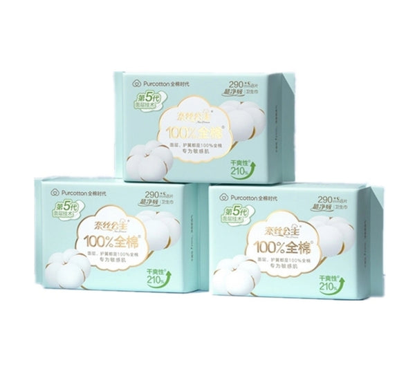 Purcotton Cotton Age Princess Ness Ultra Clean Suction Sanitary Napkin Day & Night 290mm*8pcs/pack*3